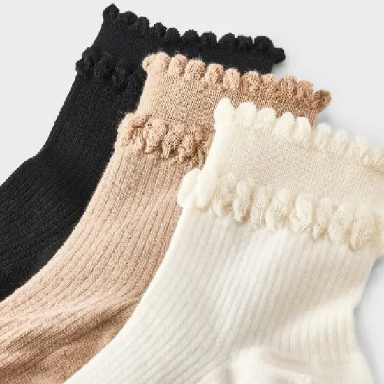 Women's Double Scalloped Edge 3pk Ankle Socks - A New Day&trade; Ivory/Tan/Black 4-10 image {2}