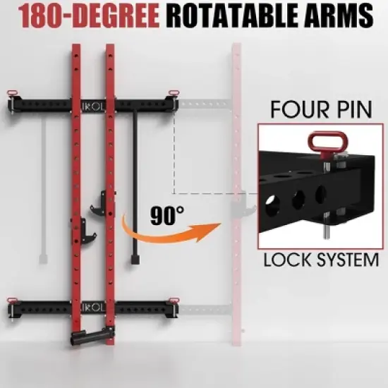 ER Kang 2" x 2" Folding Squat Rack Wall Mounted, Power Rack with Pull Up Bar, J Hooks, Landmine, Space-Saving Home Gym 1000 LBS Capacity, Red image {3}