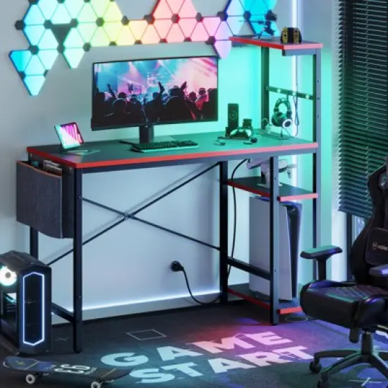 Bestier 44&rdquo; Gaming Desk with Power Outlets & USB Ports, LED PC Gamer Desk with 4-Tier Storage Shelves, Computer Office Desk for Small Spaces image {1}