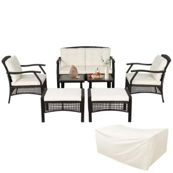 Costway 7PCS Patio Rattan Furniture Set Cushioned Sofas Loveseat Yard W/Waterproof Cover image {1}
