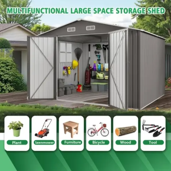 10x12FT Outdoor Storage Shed Large Metal Garden Shed with Double Door Two Window Waterproof Tool Shed for Backyard Patio Lawn Poolside ,Grey image {6}