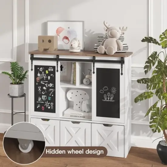 Toy Storage Organizer with Sliding Blackboard, Kids Bookcase with 3 Movable Drawers, Multifunctional Storage Cabinet image {4}