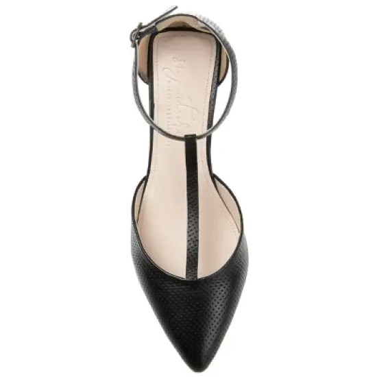 Journee Signature Womens Genuine Leather Cameela Buckle Low Stacked Heel Almond Toe Pumps image {3}