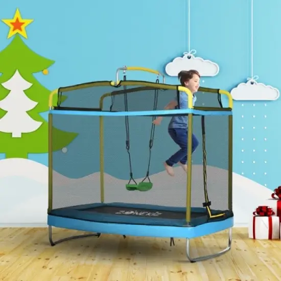 Okak 6.9FT 3-in-1 Kids Trampoline with Enclosure, Toddler Trampolines with Swing and Gymnastics Bar, Rebounder for Indoor, Outdoor, Blue image {7}