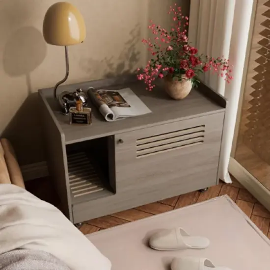 DOMETOUR Gray Cat Litter Box Enclosure, Hidden Litter Box Furniture with Top Fence, Wooden Pet House Side Table, Storage Cabinet for Bedroom image {5}