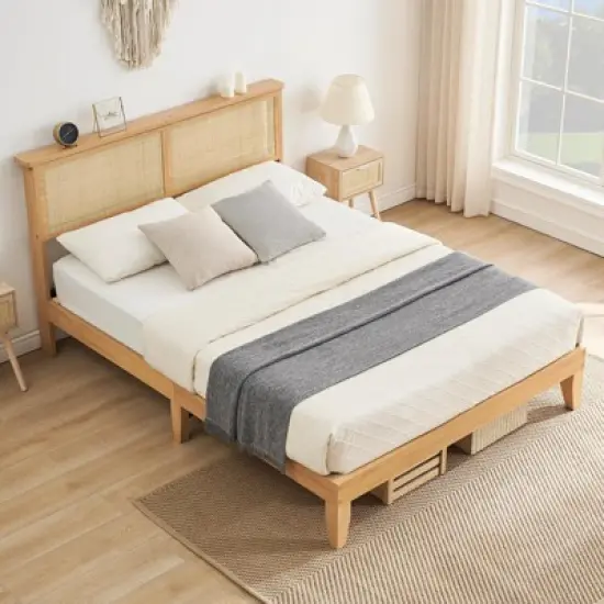 Rattan Bed Frame Full with Natural Rattan Headboard,Bohemian Rattan Full Size Bed Frame with LED Lights, With Silent Slats,No Box Spring Needed (Full) image {2}