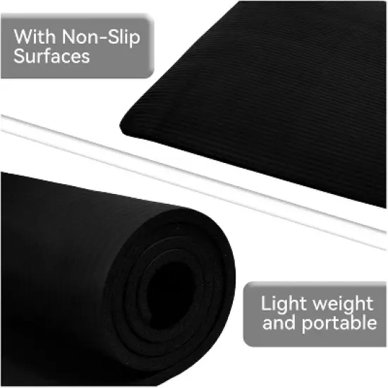 Fitvids 1/2-Inch Thick High Density Foam Exercise Yoga Mat with Carrying Strap, For Cushioning The Body Against Hard Floors, Black image {2}
