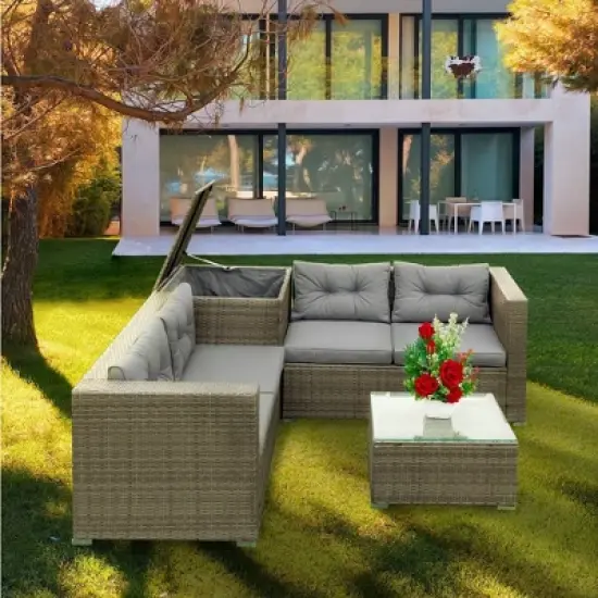 4pc Wicker Patio Seating Set with Cushions - Gray - GODEER image {3}