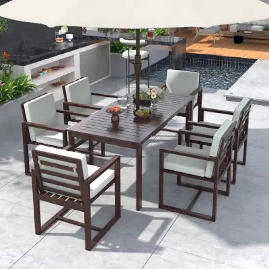 7 Pieces Acacia Wood Outdoor Dining Set,Wooden Garden Dining Table and Chair Set with Cushions,Dining Table with Umbrella Hole-Coolbibila image {1}