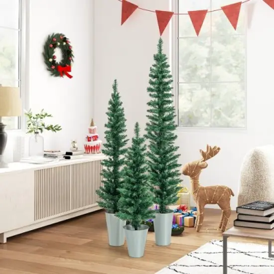 Costway Potted Artificial Christmas Tree Set of 3 with 3/4/5 FT Faux Slim Pencil Trees image {1}