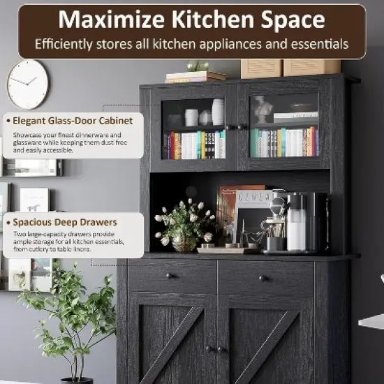 Kitchen Pantry Cabinet with Microwave Stand and Coffee Bar, Freestanding Hutch with Drawers, Doors & Adjustable Shelves image {4}