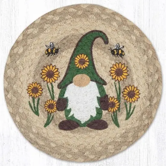 Earth Rugs Whimsical Garden Jute Trivet &ndash; 10" Round Braided Mat with Sunflower Gnome Design image {3}