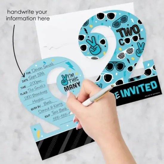 Big Dot of Happiness Two Cool - Boy - Shaped Fill-In Invitations - Blue 2nd Birthday Party Invitation Cards with Envelopes - Set of 12 image {1}