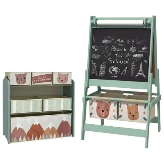 Qaba Kids Toy Organizer and Kids Easel Set with 6 Storage Bins, Paper Roll, Blackboard, Whiteboard, Cute Bear Design, for Ages 3-8 Years, Green image {6}