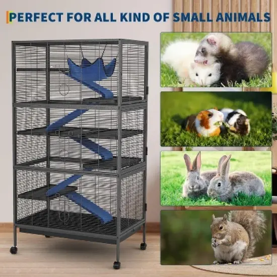 6-Tier Metal Small Animal Habitat - Rolling Critter Nation Cage with Fleece Ramps, Lockable Doors for Ferrets, Chinchillas& Rabbits,black image {1}