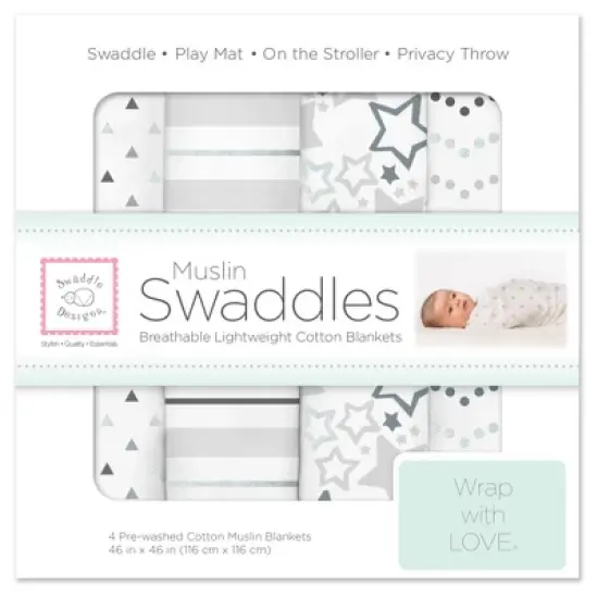 SwaddleDesigns Cotton Muslin Swaddle Blankets - Starshine Shimmer - 4pk - Sterling Gray image {1}