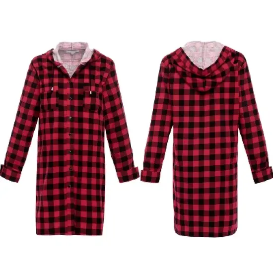 Women's Soft Warm Flannel Sleep Shirt with Hood, Button Down Pajama Top image {3}