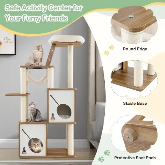 Tangkula Modern Cat Tree 57" Wood Cat Tower with Sisal Scratching Posts Padded Top Perch 2 Cat Condos Hanging Hammock & Climbing Ladder image {7}