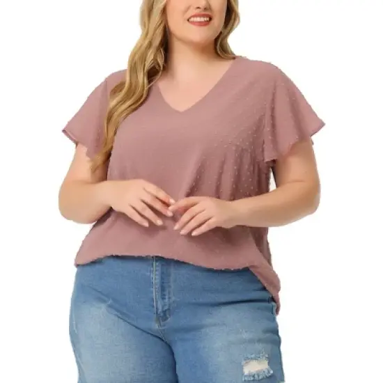 Agnes Orinda Plus Size Blouses for Women Tired Flare Sleeve V Neck Swiss Dots Tops image {6}