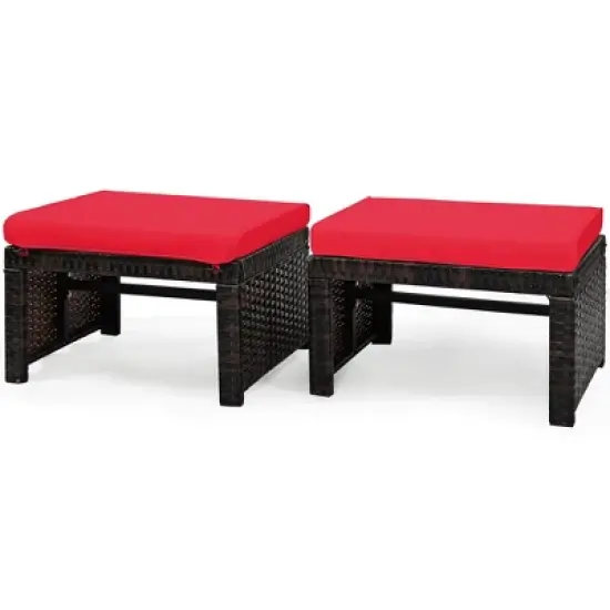 Costway 2PCS Patio Rattan Ottoman Cushioned Seat Foot Rest Furniture Turquoise\Red\White image {1}