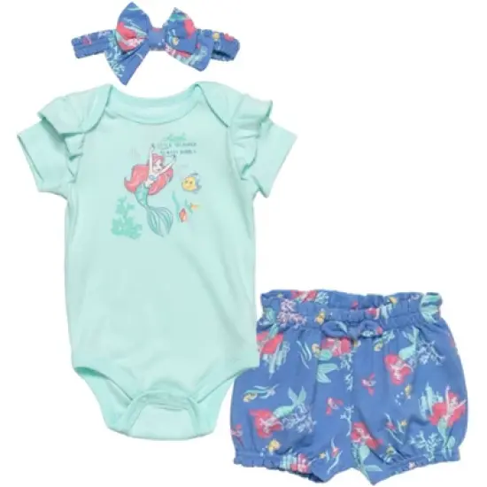 Disney Princess The Little Mermaid Ariel Belle Tiana Baby Girls Bodysuit Shorts and Headband 3 Piece Outfit Set Newborn to Infant image {8}