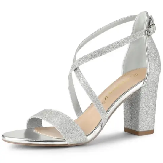 Allegra K Women's Glitter Crisscross Strap Block Heels Sandals image {7}