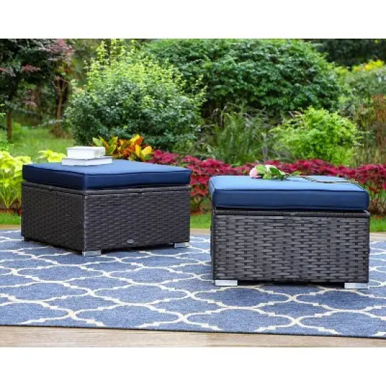 2pk Outdoor Rattan Ottomans with Cushions - Captiva Designs image {1}