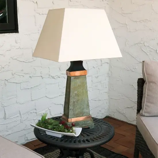 Sunnydaze Contemporary Natural Slate with Copper Trim and Fabric Cream Shade Accent Indoor/Outdoor Weather-Resistant Table Lamp image {8}