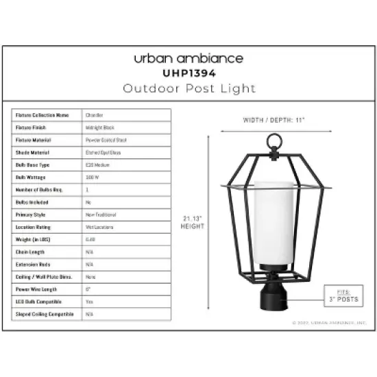 Urban Ambiance Luxury Minimalist Outdoor Post Light 21.125''H x 11''W,  Midnight Black Finish,  Chandler Collection, UHP1394 image {2}