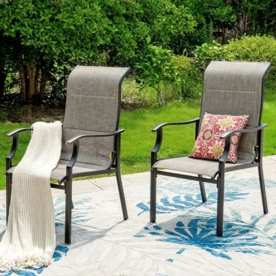 Captiva Designs 7pc Black Slatted Round Steel Table with Umbrella Hole & Grayish Brown Textilene Chairs image {5}