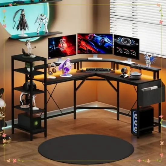 61 Inch L Shaped Home Office Gaming Desk with Outlets - Built-in LED Lights & 5-Shelf System image {1}