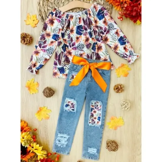 Girls Little Blessings Patched Jeans Set - Mia Belle Girls image {1}