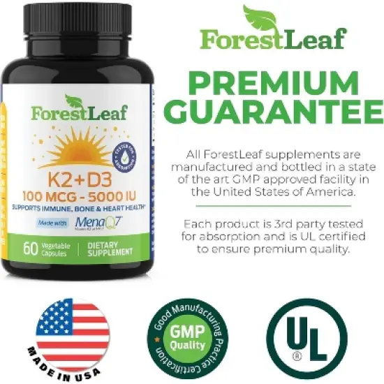 Forest Leaf K2 + D3 100 MCG - 5000 IU Formula, Supports Immune System, Bone & Heart Health - 60 Caps image {2}