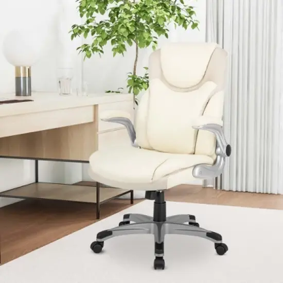 Costway Ergonomic Office Chair PU Leather Executive Swivel with Flip-up Armrests Brown/White/Black image {1}