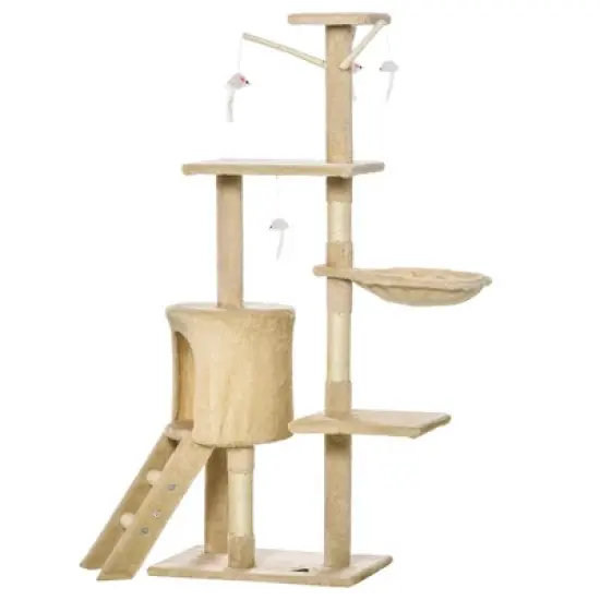 PawHut 53" Plush Sturdy Interactive Cat Condo Tower Scratching Post Activity Tree House - Beige image {3}