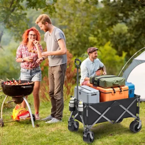 SUGIFT Vertical Folding Collapsible Wagon Cart, 150L Capacity, 600 lbs Load, Shock-Absorbing Wheels, Steel Frame, Black image {7}