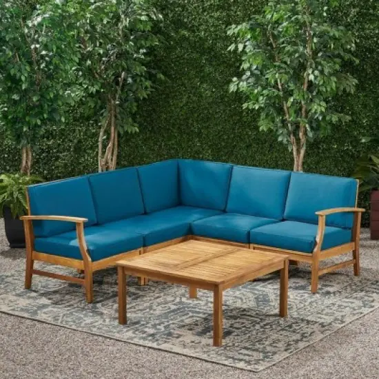 Outdoor Sectional Sofa Set, 5 Seater Acacia Sofa Set with Cushions and Pillows, 6 Pcs Sofa with Wood Frame and PE Cushions-Coolbibila image {8}