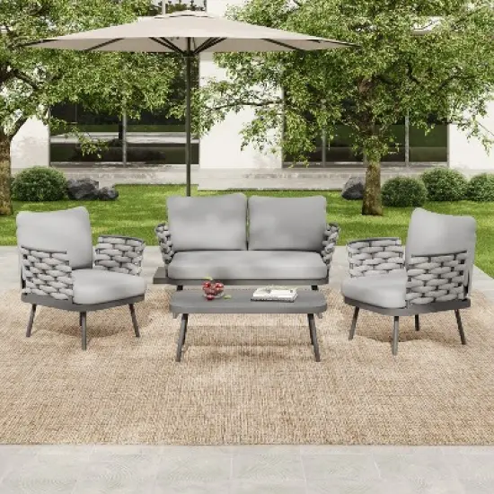 Christopher Knight Home Belle 4 Piece Modern Patio Metal and Rope Upholstered Seating Set with Coffee Table image {8}