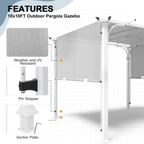EAGLE PEAK 10'x10' Outdoor Pergola Canopy, Retractable Textilene Shade image {2}