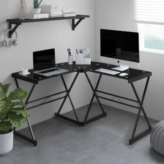 L Shaped Glass Computer Desk Black - Techni Mobili image {4}