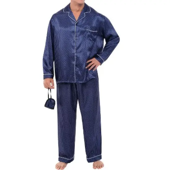 Men's Classic Satin Pajamas Lounge Set, Long Sleeve Top and Pants with Pockets, Silk like PJs with Matching Sleep Mask image {7}