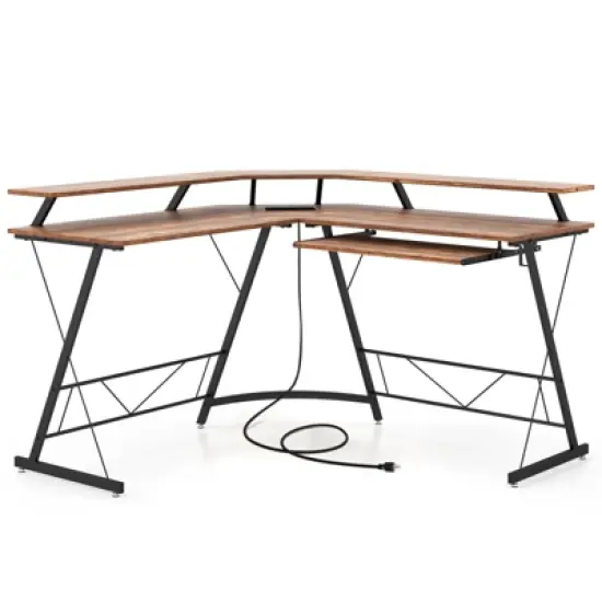 Tangkula L-shaped Computer Corner Desk 51&rdquo; Reversible Office w/Power Outlet USB Ports Monitor Stand Keyboard Tray Gaming Desk with Hook image {10}