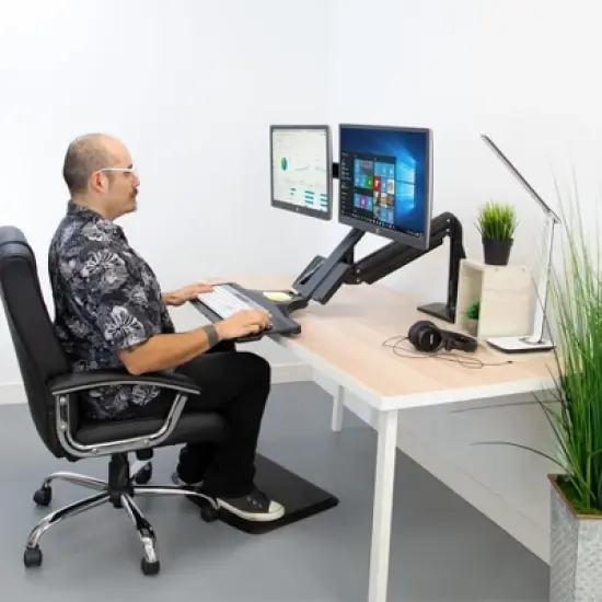 Mount-It! Height Adjustable Dual Monitor Sit Stand Desk Converter with Gas Spring Arm | 2 Integrated USB 3.0 Ports | C-Clamp and Grommet Base image {2}
