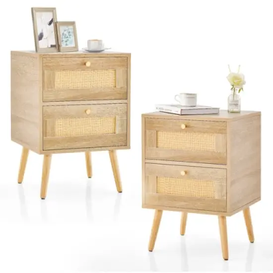 Costway 1/2 PCS Rattan Nightstand Boho Accent Bedside Table with 2 Storage Drawers Natural image {9}