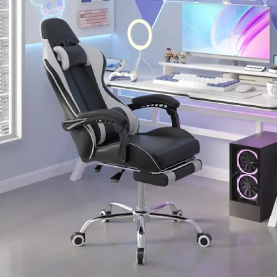 VECELO Reclining Gaming Chair, Faux Leather Adjustable Height Ergonomic Gaming Chair with Footrest & Lumbar Support, Black image {4}