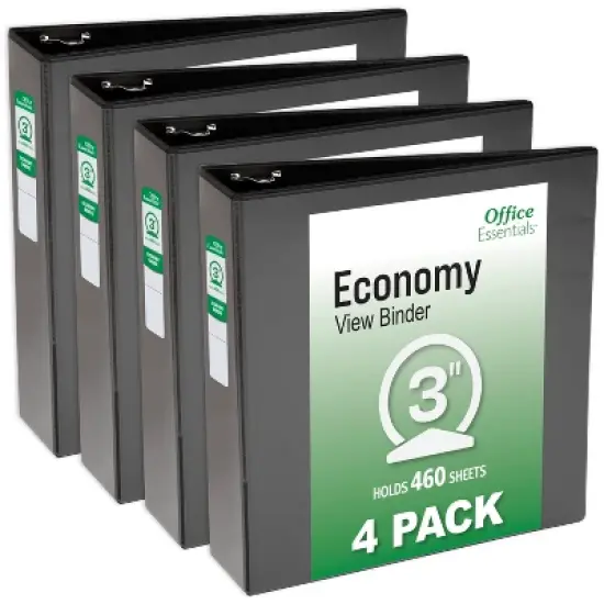 Office Essentials Economy View 3 Ring Binders, 3" Round Rings, 3.5" Spine, 460-Sheet Capacity, Black Binders (4-Pack of 03149) image {7}