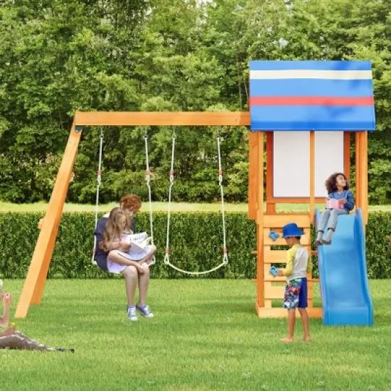 TopComfy Playground Swings 3 in 1 Wooden Swing Set with Slide and Climber for Backyard Play, Blue, 131.1"*94.5"*96.4" image {1}