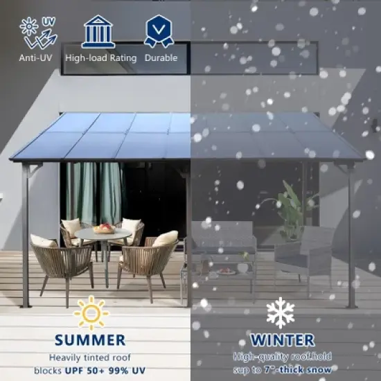 10' x 12' Outdoor Pergola Gazebo,Wall-Mounted Lean to Metal Awning Gazebo with Roof,Large Heavy Duty for Patio,Decks,Backyard image {3}