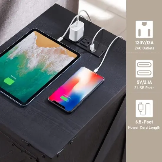 Farmhouse Nightstand with Charging Station & Barn Door & Adjustable Shelf, Rustic Sofa Side Table for Living Room, Bedroom image {1}