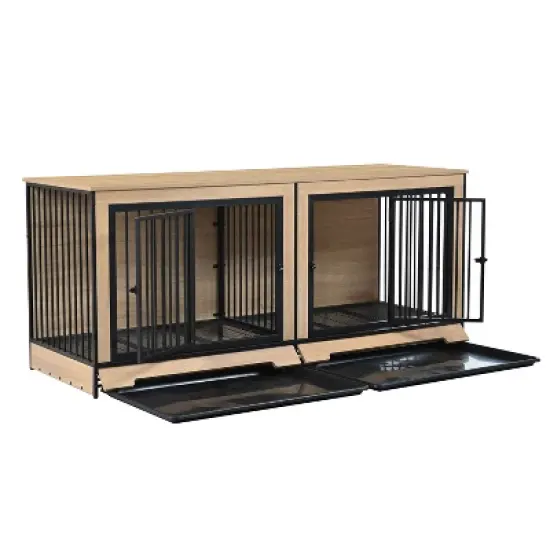 Gulches XL Double Dog Crate Furniture for Medium & Large Dogs - Wooden Kennel with Tray image {9}